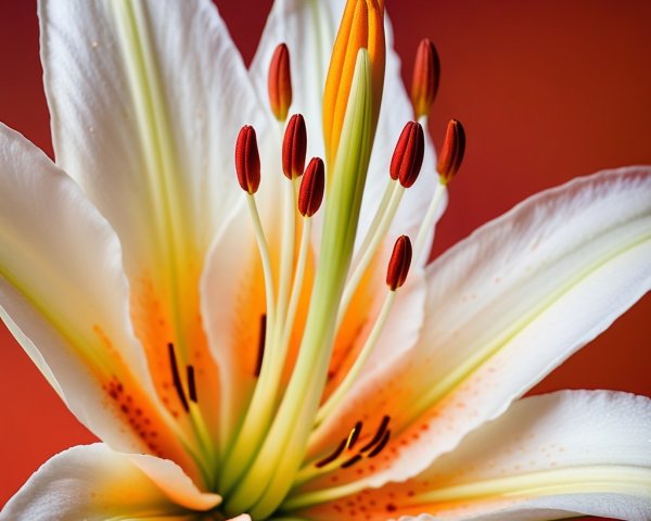 Close-Up of a Blooming White Lily with Color Accents