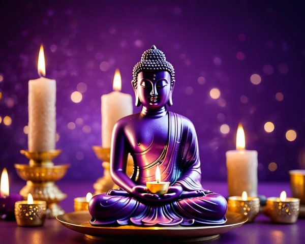 Purple Buddha Statue with Candles in Tranquil Setting
