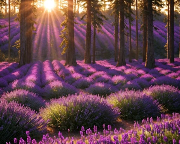 Lavender Field Under Sunrise with Tall Trees