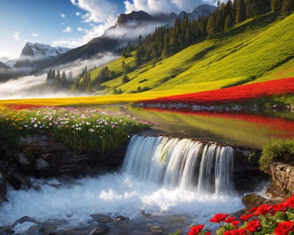 Cascading Waterfall in a Vibrant Flower Landscape