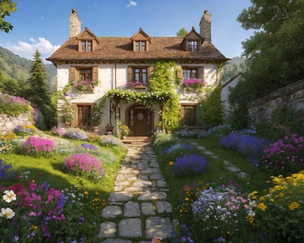 Charming Cottage Surrounded by Colorful Garden and Mountains