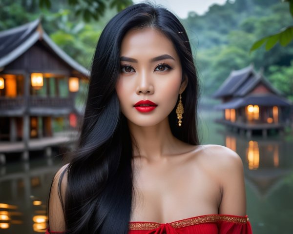 Woman in Red Dress by Serene Lakeside Setting