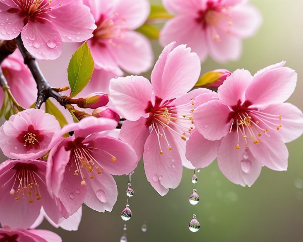 Close-up of Pink Cherry Blossoms with Water Droplets