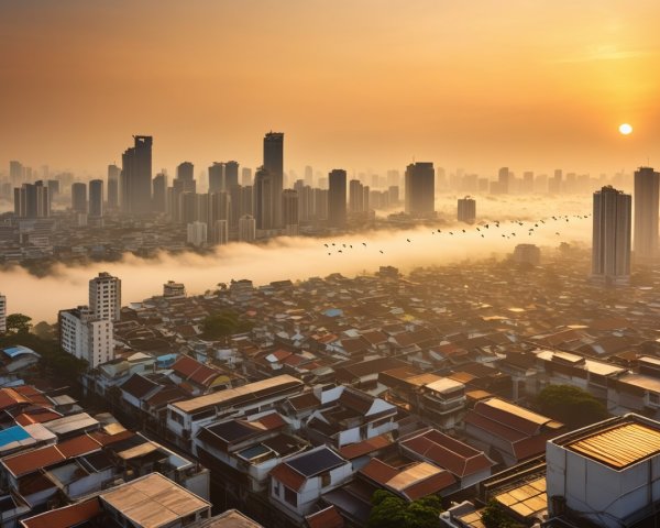 Sunrise Cityscape with Skyscrapers and Mist