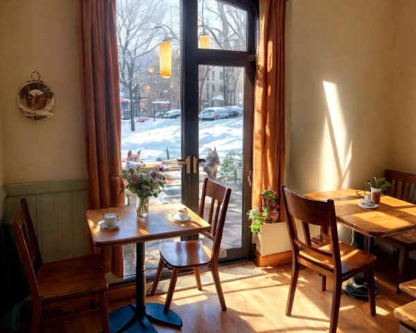 Cozy café with wooden furniture and sunny ambiance