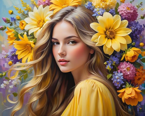 Vibrant Portrait of Young Woman Among Colorful Flowers