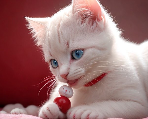 Playful white kitten with blue eyes and toy