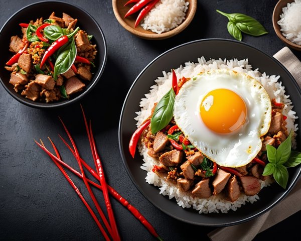 Hearty Meal with Rice, Meat, Chili Peppers, and Egg