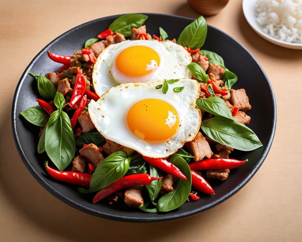 Colorful Dish with Eggs, Meat, Basil, and Rice