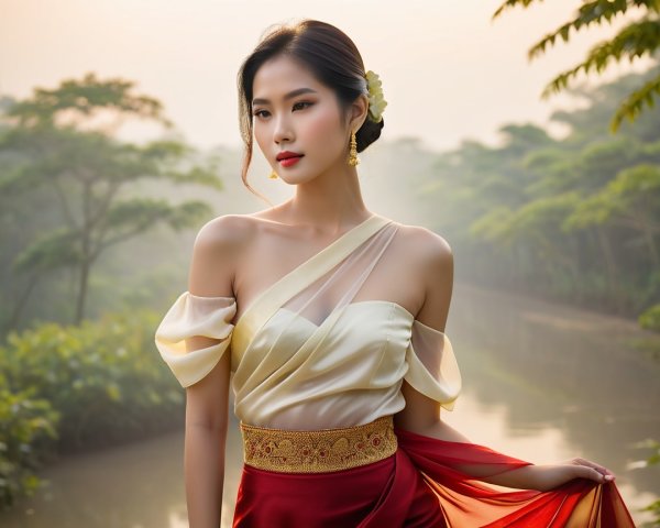 Woman in elegant gown by serene river setting