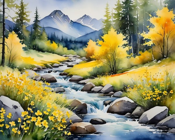 Serene Landscape with River, Wildflowers, and Mountains