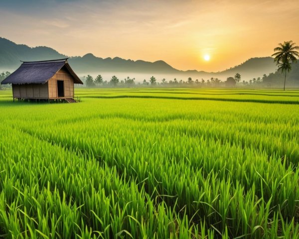 Tranquil Landscape with Rice Fields and Sunrise Glow