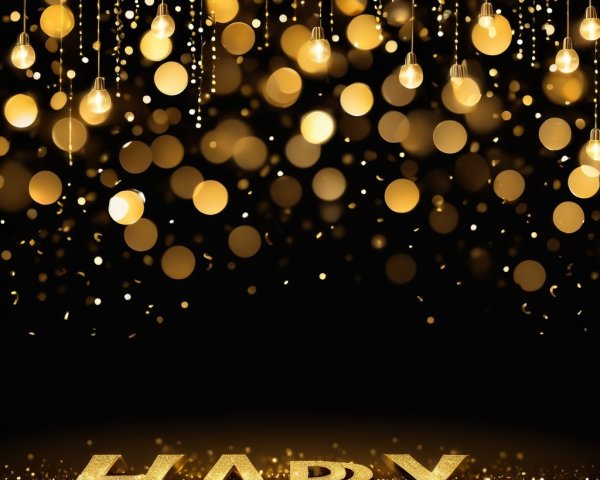Golden Glittery "HAPPY" Text on Black Background