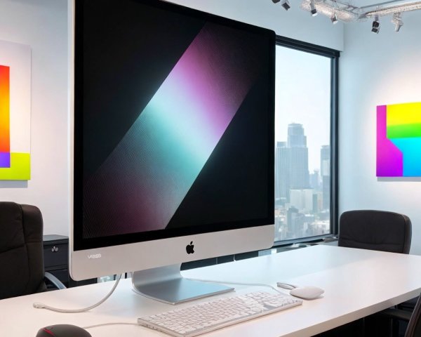 Modern Workspace with Apple Computer and Abstract Art