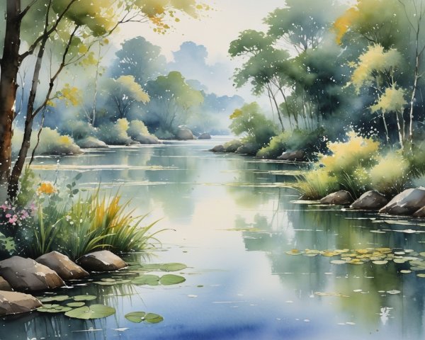 Watercolor Landscape of a Tranquil River Scene