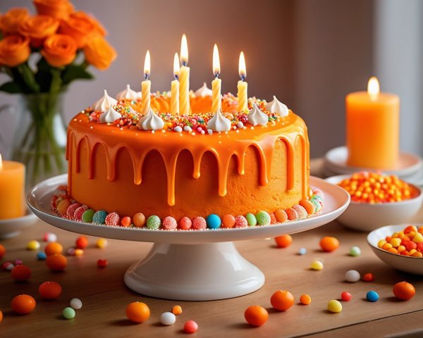 Vibrant orange cake with sprinkles and candles displayed