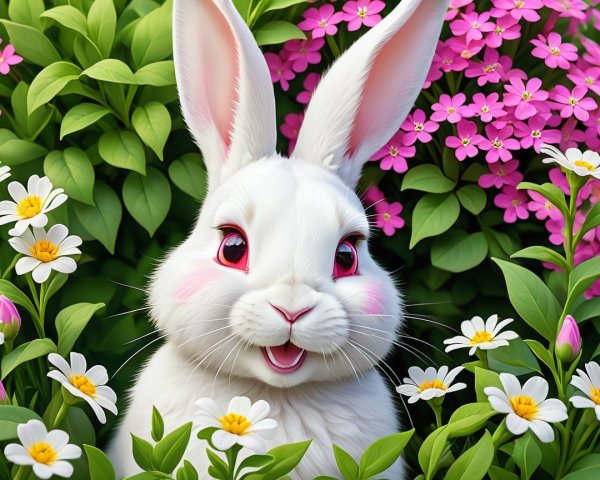 Cheerful Rabbit in a Vibrant Spring Garden Scene
