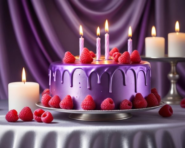 Purple Cake with Raspberries and Lit Candles
