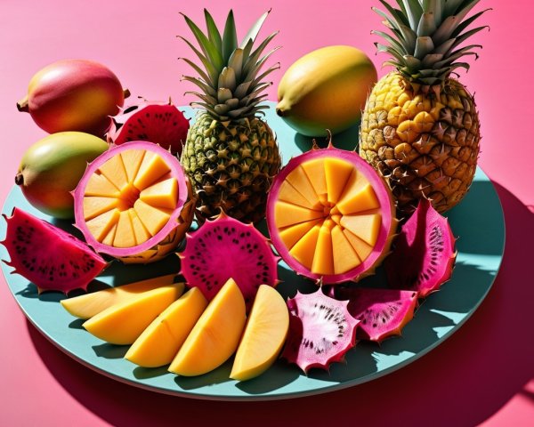 Vibrant Tropical Fruit Platter with Colorful Display