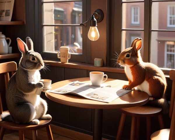 Charming rabbits in a cozy café setting