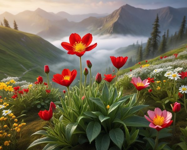 Vibrant Meadow with Colorful Flowers and Mountains
