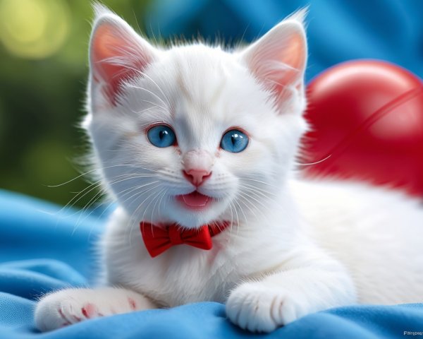 Playful white kitten with blue eyes on blue background