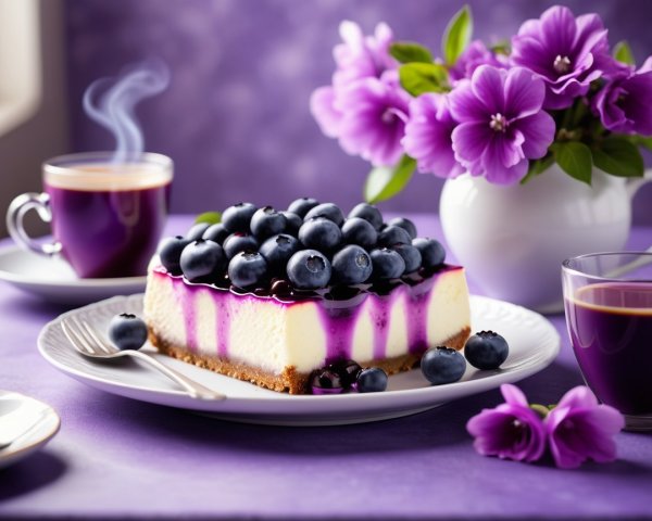 Purple-Themed Breakfast with Blueberry Cheesecake
