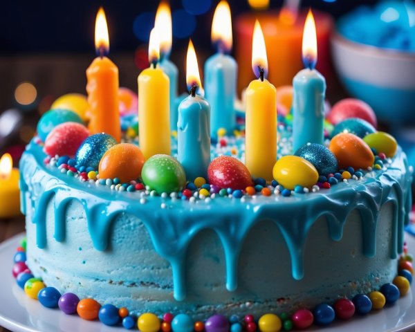 Vibrant Birthday Cake with Turquoise Frosting and Candles