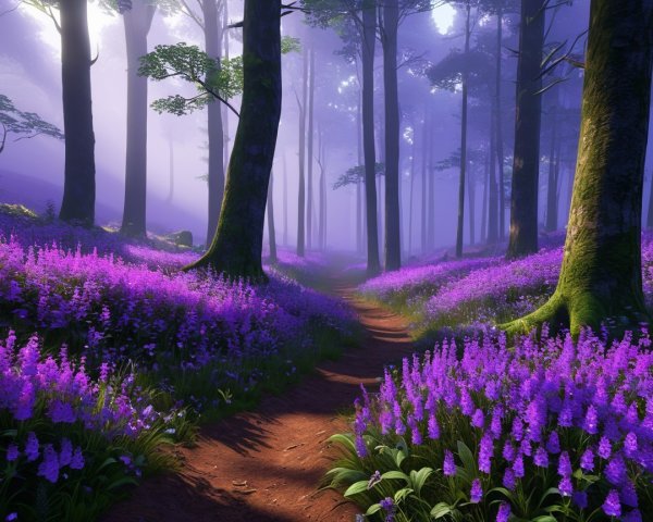Serene Forest Path with Purple Flowers and Tall Trees