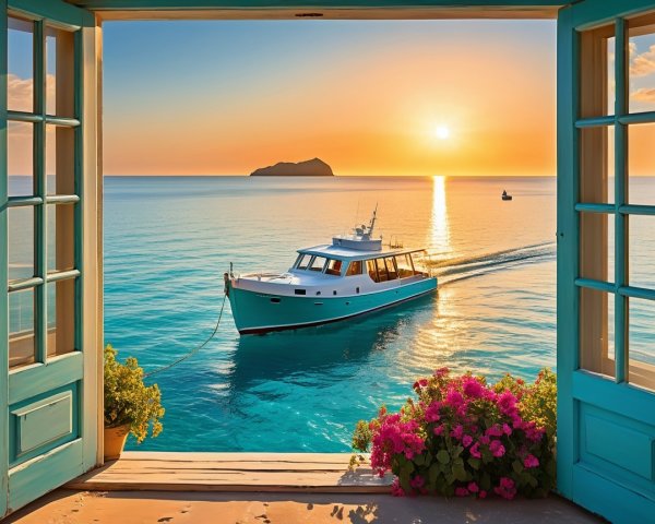 Serene Seascape with Sunset and Turquoise Doors