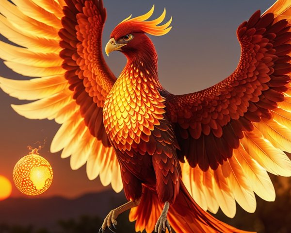 Majestic Phoenix with Red and Gold Plumage at Sunset