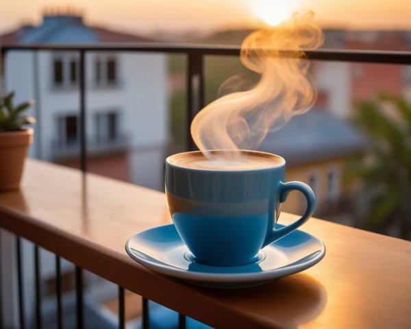 Vibrant Blue Cup with Coffee on Wooden Railing
