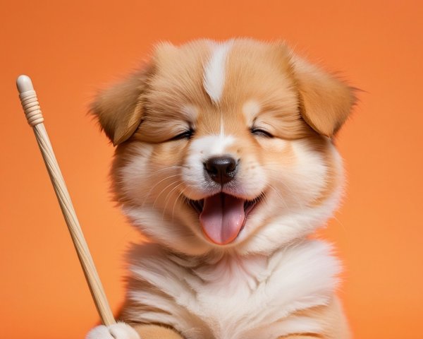 Cheerful puppy with fluffy fur on orange background