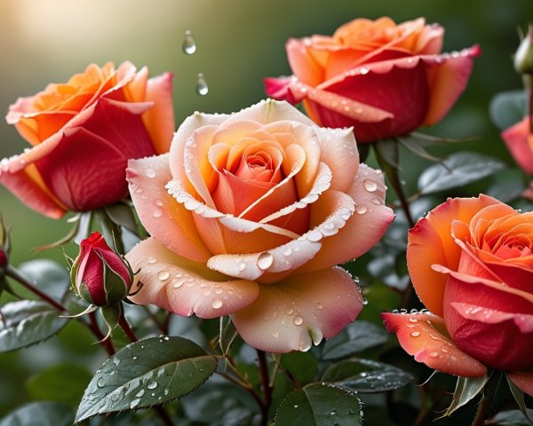 Close-Up of Dewy Orange and Red Roses in Bloom