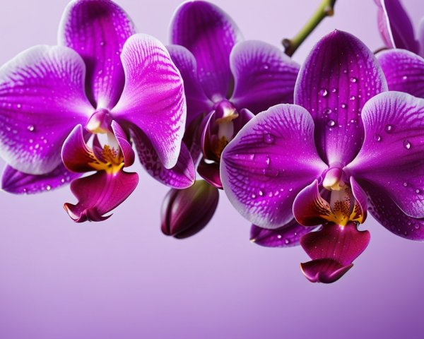 Vibrant Purple Orchids with Water Droplets and Gradient Background
