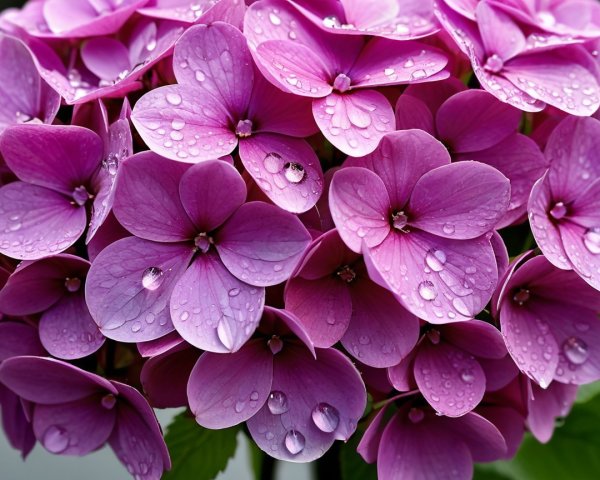 Pink Hydrangea Flowers with Water Droplets and Green Leaves