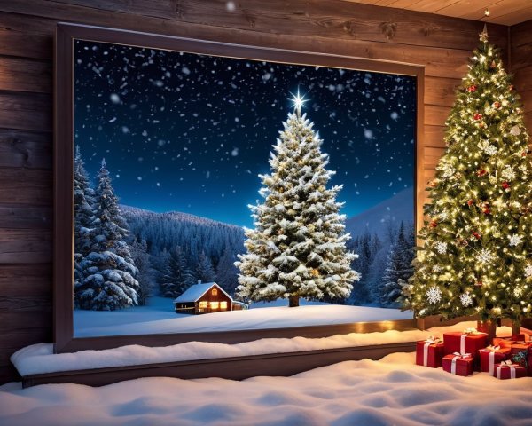 Cozy Cabin Interior with Christmas Tree and Winter View