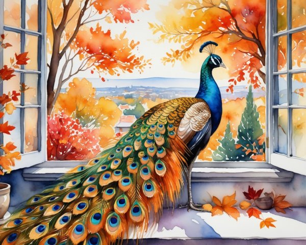 Peacock by Window with Autumn Leaves and Sunlight