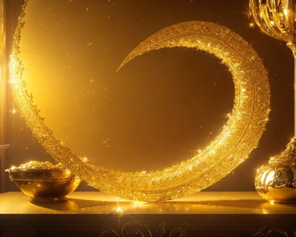 Golden Crescent Moon Sculpture with Floral Patterns