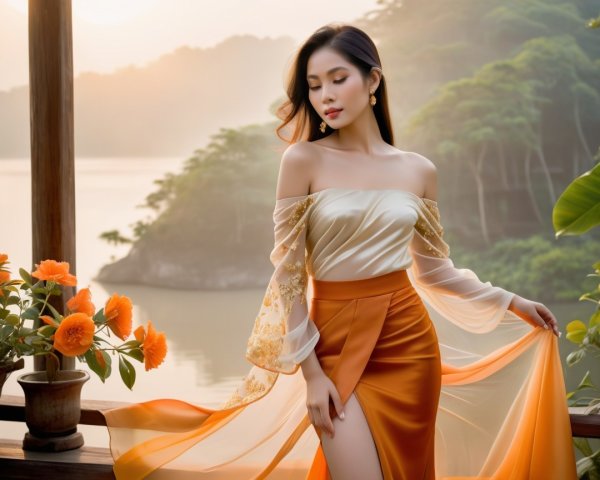 Elegant Woman on Balcony Overlooking Tranquil Water