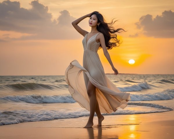 Woman in Light Dress on Beach at Sunset