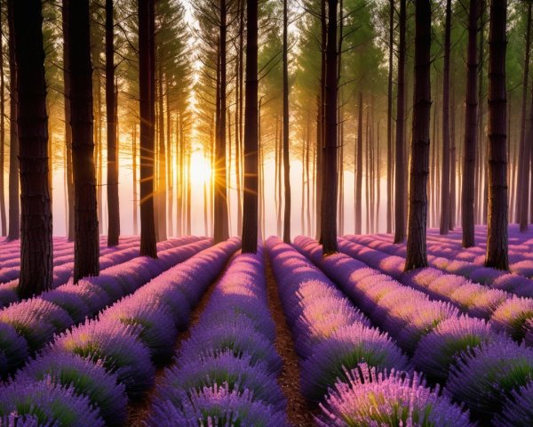 Vibrant Lavender Landscape with Serene Sunrise Glow