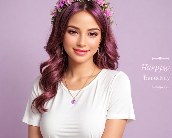 Young woman with purple hair and floral headband