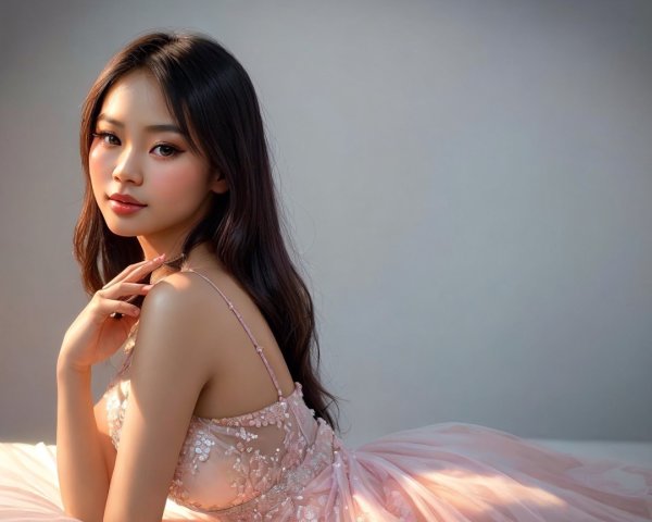 Elegant young woman in pastel pink gown with embellishments