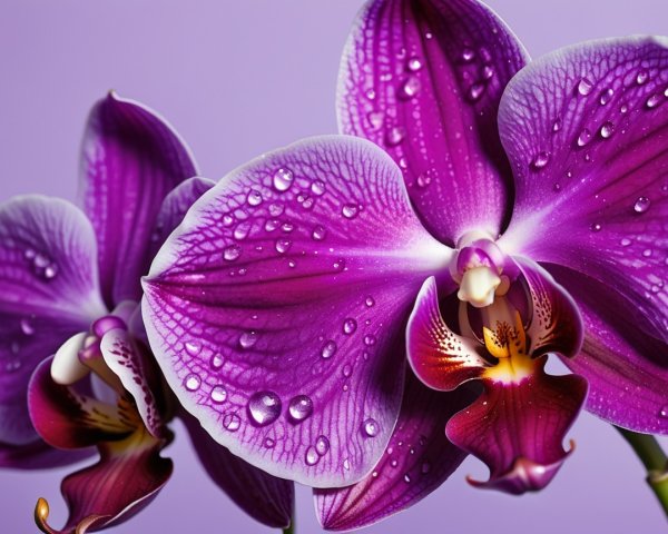 Close-up of a purple orchid with water droplets