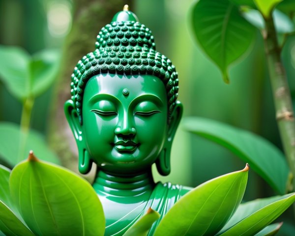 Emerald Green Buddha Statue Surrounded by Foliage