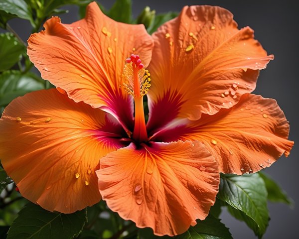Vibrant hibiscus flower with orange petals and raindrops
