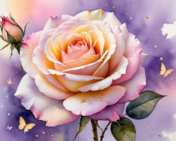 Soft Pink and Lavender Rose with Butterflies and Leaves