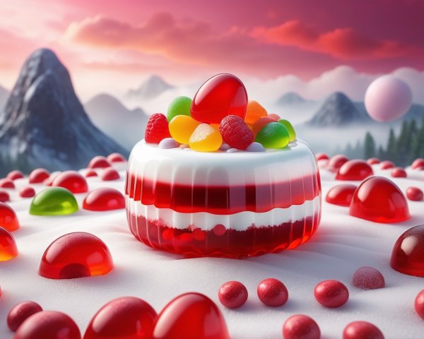 Layered jelly cake with colorful candies and raspberries