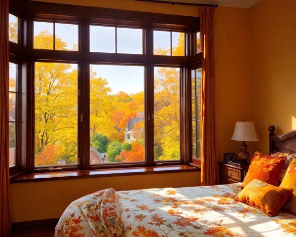 Cozy Bedroom with Autumn Landscape and Warm Accents